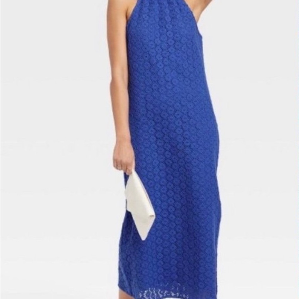 A New Day Blue Crochet‎ Lace Halter Midi Dress | 100% Cotton | Size Small - Picture 6 of 17